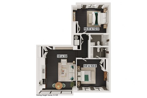 Floor plan for 2 beds, 2 baths, 938 sqft